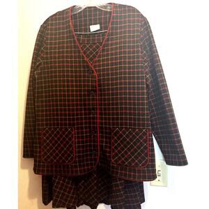 Vtg Douglas Marc Suit Skirt & Jacket Set Red Black Plaid Union Made Classy C1970